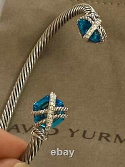 David Yurman Sterling Silver Cable Wrap 10mm Blue Topaz diamond CUFF Bracelet
