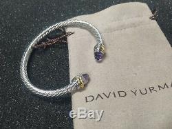 David Yurman Sterling Silver Classic 5mm 14k gold Amethyst Cable Cuff Bracelet