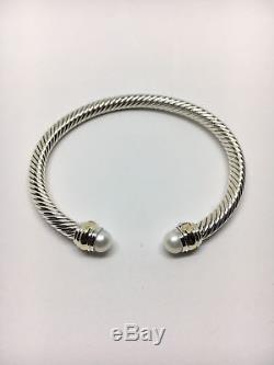 David Yurman Sterling Silver Pearls & 14k Gold 5mm Cable Cuff Bracelet W. Pouch