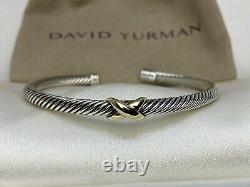 David Yurman X 4mm Sterling Silver 925 Cable Cuff Bracelet W 18K Gold Sz Medium