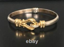 Designer Italian Hook & Eye Bracelet, 925 Sterling Silver & 14k Gold, 5 Diamonds