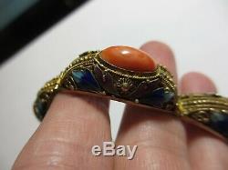 EXQUISITE VINTAGE CHINESE EXPORT SILVER FILIGREE ENAMEL BRACELET WithSALMON CORAL