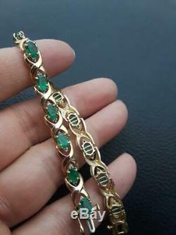 Estate 18k Yellow Gold Over Diamond Colombian Emerald Link Tennis 7.5 Bracelet