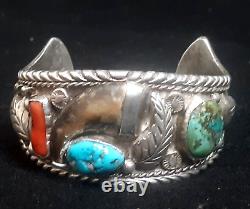 Excellent Old Pawn Heavy Navajo Bracelet Sterling Silver Large Turquoise & Coral