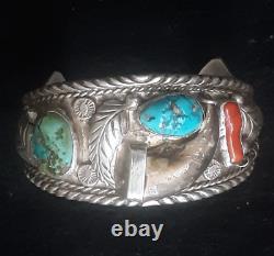 Excellent Old Pawn Heavy Navajo Bracelet Sterling Silver Large Turquoise & Coral