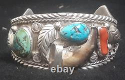 Excellent Old Pawn Heavy Navajo Bracelet Sterling Silver Large Turquoise & Coral