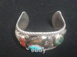 Excellent Old Pawn Heavy Navajo Bracelet Sterling Silver Large Turquoise & Coral