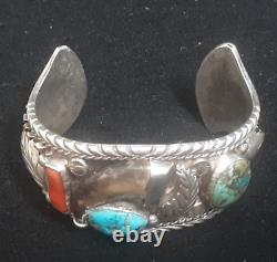 Excellent Old Pawn Heavy Navajo Bracelet Sterling Silver Large Turquoise & Coral