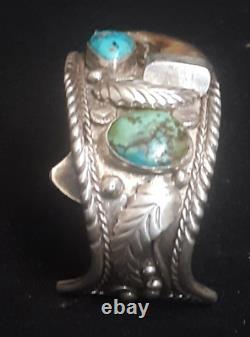 Excellent Old Pawn Heavy Navajo Bracelet Sterling Silver Large Turquoise & Coral