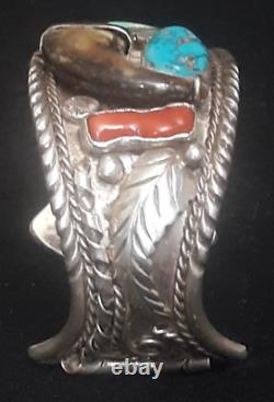 Excellent Old Pawn Heavy Navajo Bracelet Sterling Silver Large Turquoise & Coral