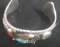 Excellent Old Pawn Heavy Navajo Bracelet Sterling Silver Large Turquoise & Coral