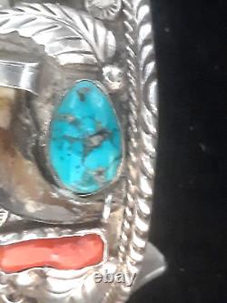 Excellent Old Pawn Heavy Navajo Bracelet Sterling Silver Large Turquoise & Coral