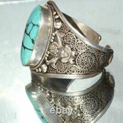 Genuine Turquoise Sterling Silver 925 Repousse Cuff Bracelet Wide Monkey God