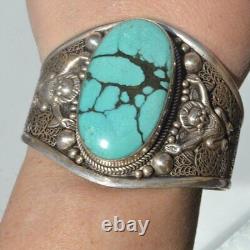 Genuine Turquoise Sterling Silver 925 Repousse Cuff Bracelet Wide Monkey God