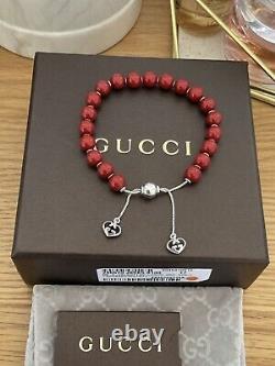 Gucci San Valentino Red Wood Bead Bracelet In sterling Silver With Box Pouch