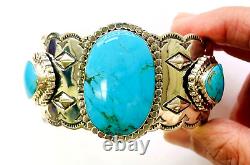 HSN Chaco Canyon Sterling Silver 3 Stone Kingman Turquoise Cuff Bracelet M/L