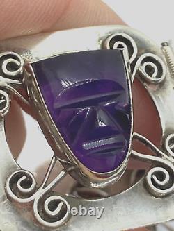 Hand Crafted Mexican Sterling Silver & Carved Amethyst Face Panel Bracelet Ae466