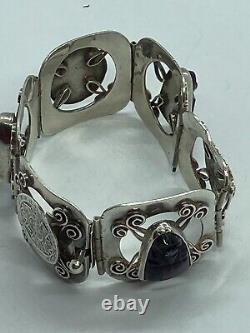 Hand Crafted Mexican Sterling Silver & Carved Amethyst Face Panel Bracelet Ae466