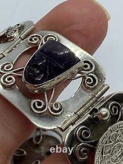 Hand Crafted Mexican Sterling Silver & Carved Amethyst Face Panel Bracelet Ae466