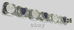 Hand Crafted Mexican Sterling Silver & Carved Amethyst Face Panel Bracelet Ae466