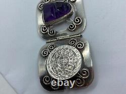 Hand Crafted Mexican Sterling Silver & Carved Amethyst Face Panel Bracelet Ae466