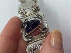 Hand Crafted Mexican Sterling Silver & Carved Amethyst Face Panel Bracelet Ae466