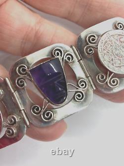 Hand Crafted Mexican Sterling Silver & Carved Amethyst Face Panel Bracelet Ae466