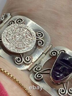 Hand Crafted Mexican Sterling Silver & Carved Amethyst Face Panel Bracelet Ae466