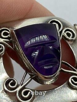 Hand Crafted Mexican Sterling Silver & Carved Amethyst Face Panel Bracelet Ae466