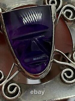 Hand Crafted Mexican Sterling Silver & Carved Amethyst Face Panel Bracelet Ae466