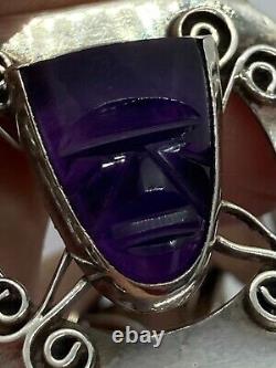 Hand Crafted Mexican Sterling Silver & Carved Amethyst Face Panel Bracelet Ae466