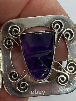 Hand Crafted Mexican Sterling Silver & Carved Amethyst Face Panel Bracelet Ae466