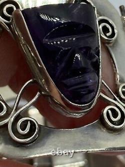 Hand Crafted Mexican Sterling Silver & Carved Amethyst Face Panel Bracelet Ae466