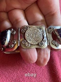 Hand Crafted Mexican Sterling Silver & Carved Amethyst Face Panel Bracelet Ae466