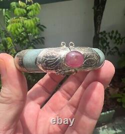 Handmade Burmese Ruby Jadeite Cuff Bangle Bracelet Sterling Silver Type A