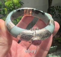 Handmade Burmese Ruby Jadeite Cuff Bangle Bracelet Sterling Silver Type A