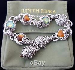 Judith Ripka Sterling Silver Tiger's Eye Gold Blue CZ Heart Chain Link Bracelet