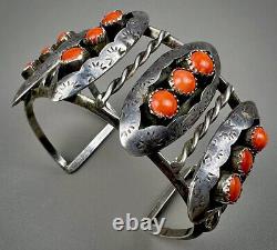 Large Vintage Zuni Sterling Silver Coral Snake Eye Shadowbox Cuff Bracelet OLD