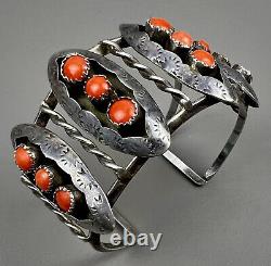 Large Vintage Zuni Sterling Silver Coral Snake Eye Shadowbox Cuff Bracelet OLD