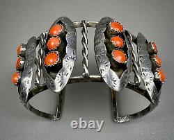 Large Vintage Zuni Sterling Silver Coral Snake Eye Shadowbox Cuff Bracelet OLD
