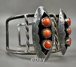 Large Vintage Zuni Sterling Silver Coral Snake Eye Shadowbox Cuff Bracelet OLD