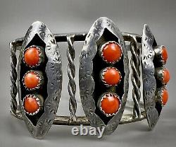 Large Vintage Zuni Sterling Silver Coral Snake Eye Shadowbox Cuff Bracelet OLD