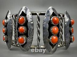 Large Vintage Zuni Sterling Silver Coral Snake Eye Shadowbox Cuff Bracelet OLD