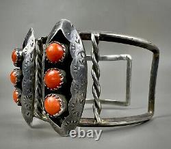 Large Vintage Zuni Sterling Silver Coral Snake Eye Shadowbox Cuff Bracelet OLD