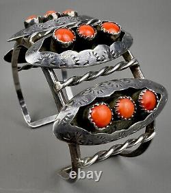 Large Vintage Zuni Sterling Silver Coral Snake Eye Shadowbox Cuff Bracelet OLD