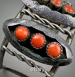 Large Vintage Zuni Sterling Silver Coral Snake Eye Shadowbox Cuff Bracelet OLD