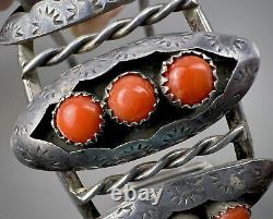 Large Vintage Zuni Sterling Silver Coral Snake Eye Shadowbox Cuff Bracelet OLD