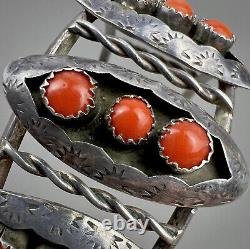 Large Vintage Zuni Sterling Silver Coral Snake Eye Shadowbox Cuff Bracelet OLD