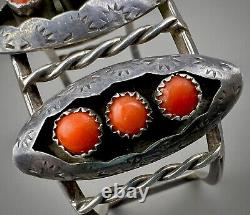 Large Vintage Zuni Sterling Silver Coral Snake Eye Shadowbox Cuff Bracelet OLD