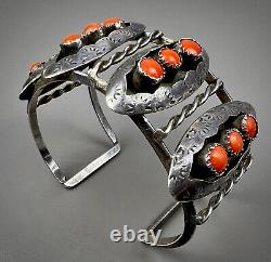 Large Vintage Zuni Sterling Silver Coral Snake Eye Shadowbox Cuff Bracelet OLD